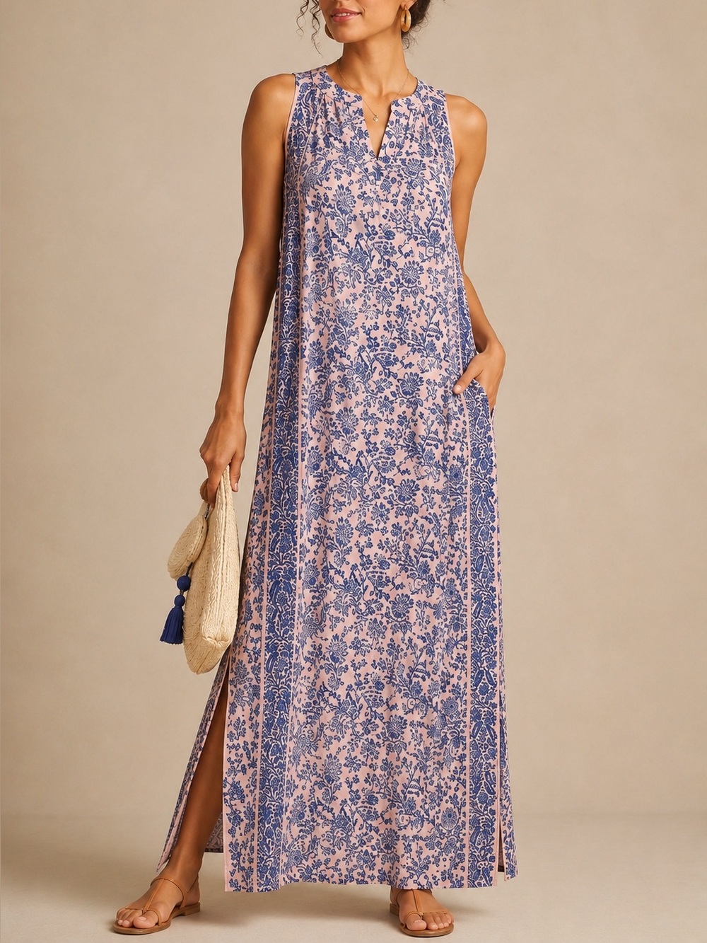 J. Jill Island Breeze Floral Maxi Dress Pink Blue Border Print Pockets M